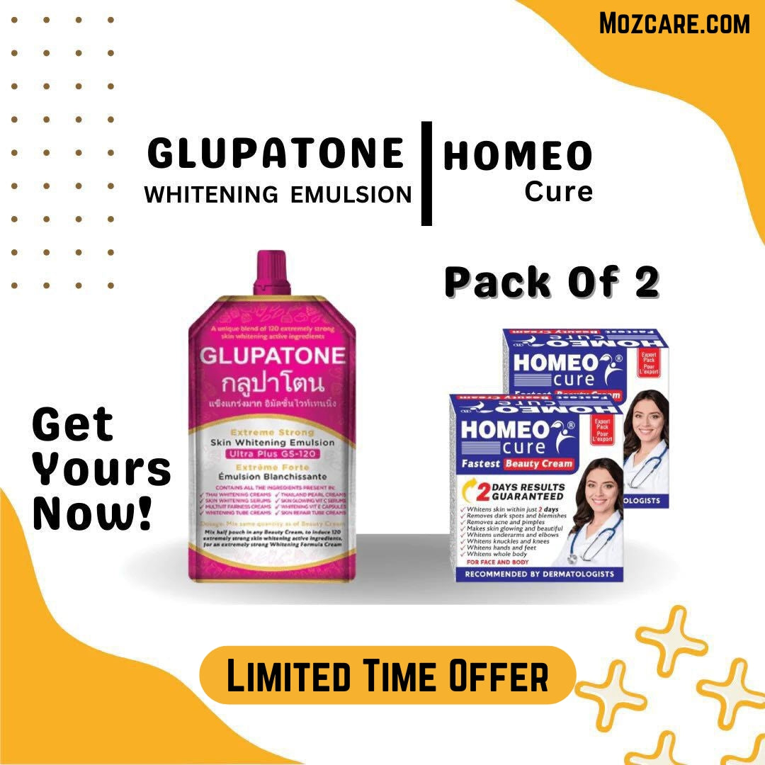 "Achieve a Flawless, Luminous Complexion with 1 GLUPATONE Whitening Emulsion and 2 Homeo Cure Beauty Creams: The Ultimate Skincare Duo for Brightening, Hydrating, and Revitalizing Your Skin"